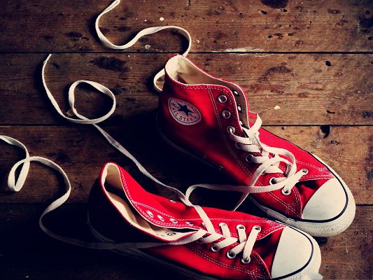 click to free download the wallpaper--Free Wallpaper Backgrounds, Red Converse Shoes on Wood, Girl's Favorite
