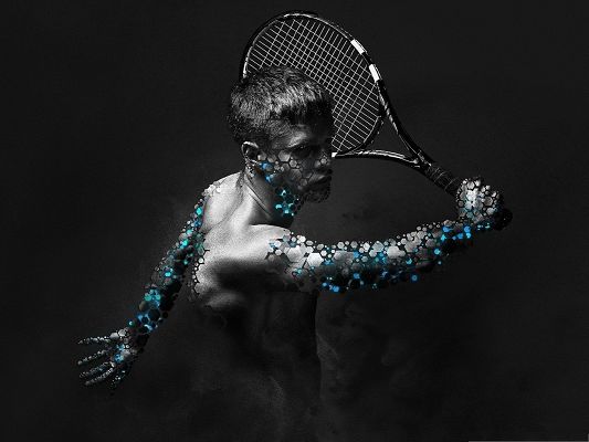 click to free download the wallpaper--Free Wallpaper Backgrounds, Tennis Player with Blue Robot Arms, Digital Art 