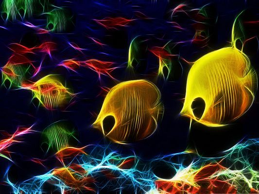 click to free download the wallpaper--Free Wallpaper for Computer, Abstract Fishes in Various Colors, Swim in the Black Sea