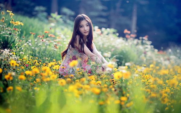 click to free download the wallpaper--Girl in Flowery Dress, Sitting Among Numerous Flowers, the Most Impressive for Her Purity and Beauty - HD Attractive Girls Wallpaper