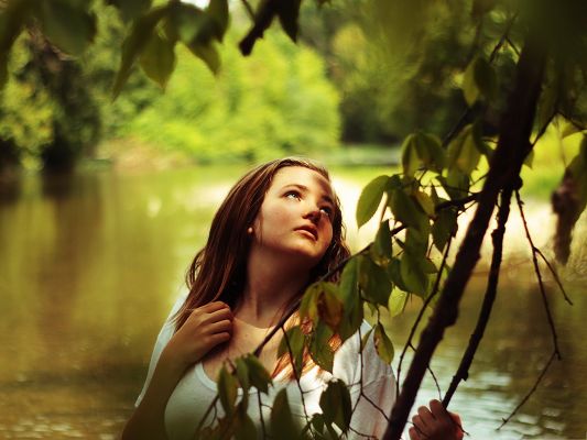 click to free download the wallpaper--Girl in Nature, Young and Beautiful Girl Amazed in Nature, Incredible Scene