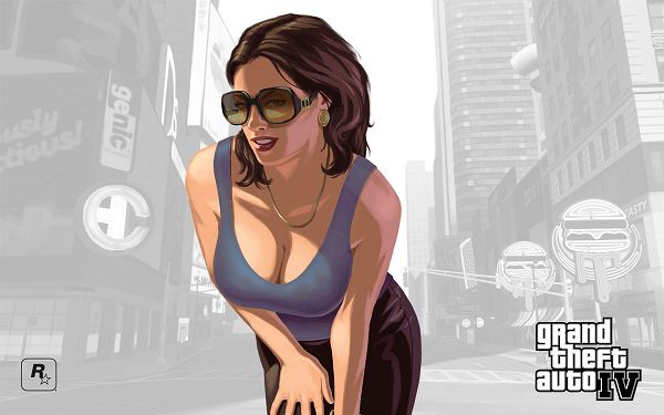 click to free download the wallpaper--Grand Theft Auto IV Post in 1920x1200 Pixel, Lady in Tight Vest and Dark-Colored Sunglasses, You Can Expect a Kiss from Her - TV & Movies Post