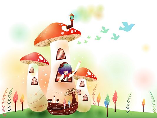 click to free download the wallpaper--HD Animation Wallpaper - Childhood Fairytales Mushroom House, Dreamy Scene