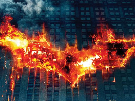 click to free download the wallpaper--HD Films Poster, Batman Symbol on Fire, Is He Wanted?