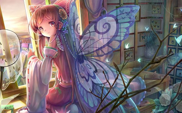 click to free download the wallpaper--Hakurei Reimu in Pink Suit, Decorated by a Butterfly Wing and Lightening Butterflies, When Will You Start the Tour? - HD Action Game Wallpaper
