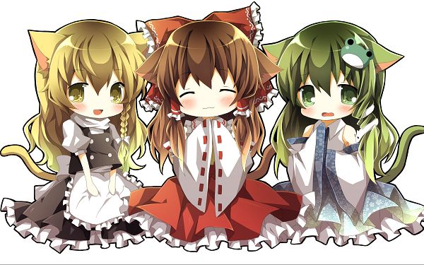 click to free download the wallpaper--Hakurei Reimu in Three Styles, Quite a Cutie, in Innocent, Smiling and Lovely Facial Expression - HD Action Game Wallpaper