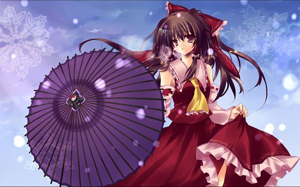 Hakurei Reimu in Umbrella, Light Blue and Snowy Background, What a Decent and Graceful Girl - HD Action Game Wallpaper