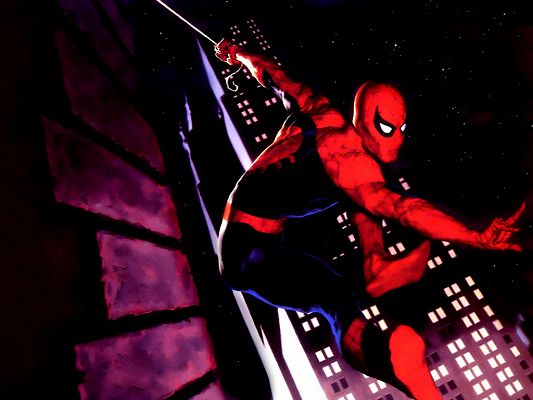 click to free download the wallpaper--Heroes of TV & Movies, Spider Man is Climbing Down a Tall Building, His Masterpiece