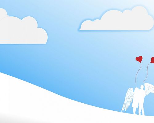click to free download the wallpaper--Holiday Images, Couple with Wings, Heart-Shaped Balloon, the Blue Sky