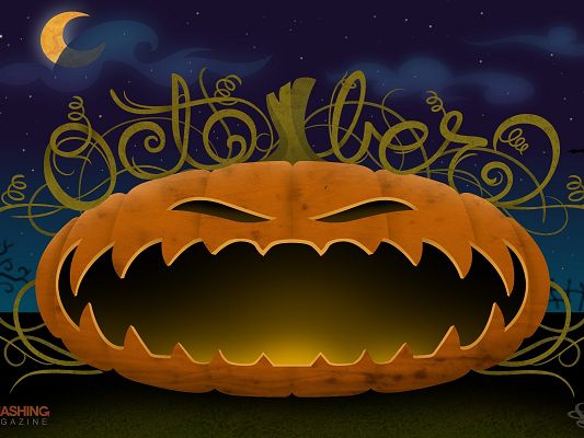 click to free download the wallpaper--Holiday Wallpaper, Pumpkin's Mouth Wide Open, Be Happy on Holloween's Day