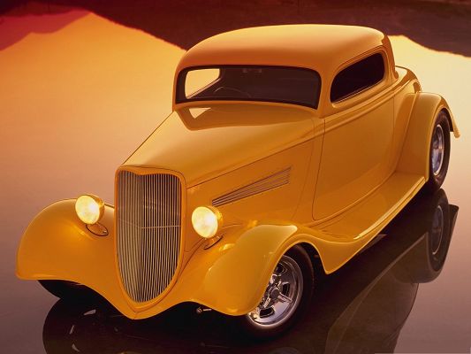 click to free download the wallpaper--Hot Rod Cars Wallpaper, Yellow and Classic, on Watering Road