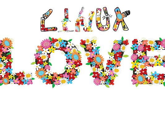 Images of Nature Landscape, Linux Love, All Letters Surrounded by Flowers, White Background