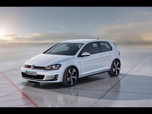 click to free download the wallpaper--Images of Tops Cars, Golf 7 GTI in Stop, Cloudy and Misty Scene Behind It, Red Starting Line