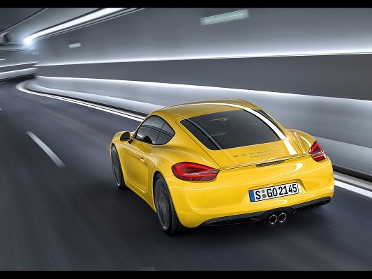 click to free download the wallpaper--Images of World-Known Cars, Porsche Cayman Seen from Rear Angle, Yellow Car in Tunnel