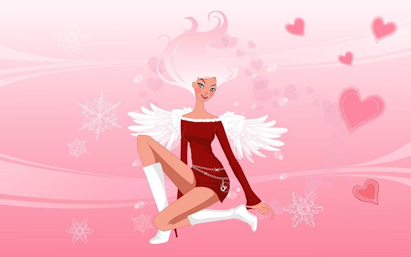 click to free download the wallpaper---In White Long Wings and Red Suit, Christmas is Around the Corner, Background is Lovely Pink, Very Impressive - HD Holiday Wallpaper