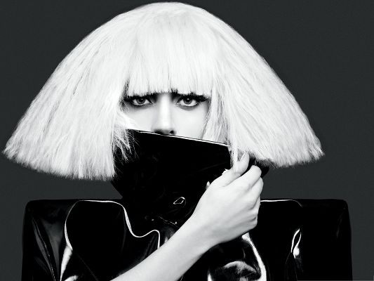 click to free download the wallpaper--Lady Gaga Posters, White Long Hair and Black Suit, She is Nice in Look