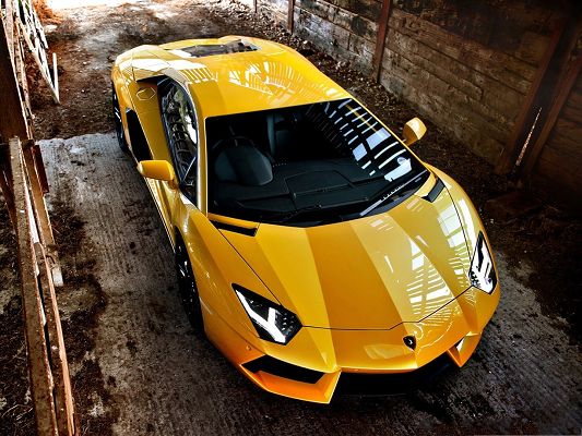 click to free download the wallpaper--Lamborghini Aventador Car, Yellow Super Car in the Stop, Amazing Look