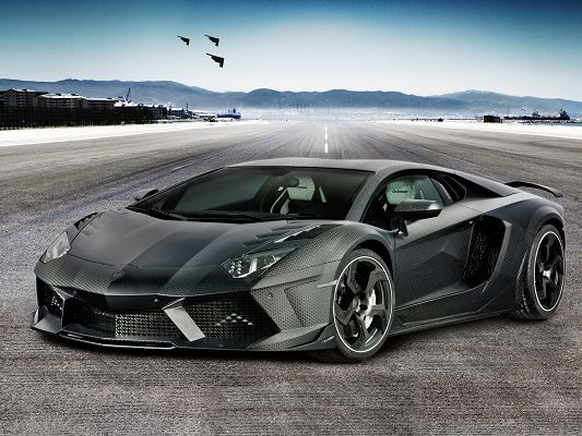 click to free download the wallpaper--Lamborghini Aventador Wallpaper, Super Gray Car on Wide Road, Run Free!
