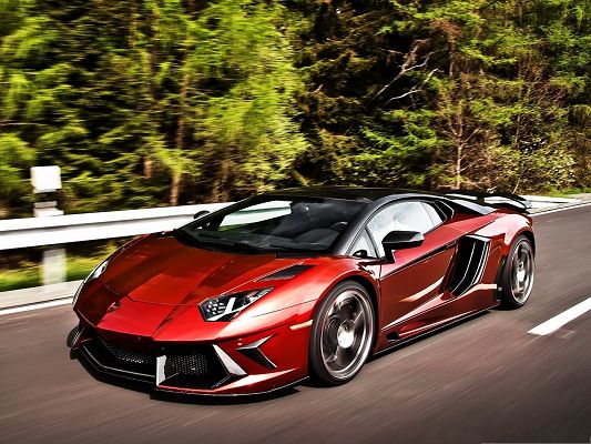click to free download the wallpaper--Lamborghini Aventador in the Run, Red Super Car in Great Speed, Green Scene Around