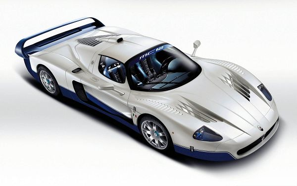 click to free download the wallpaper--Maserati MC12 Sport Car Wallpaper, White Super Car on Purely White Background
