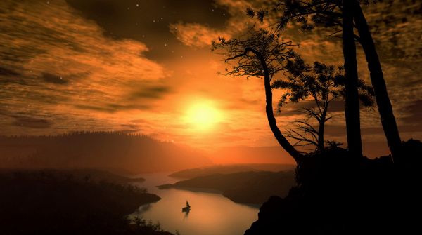 click to free download the wallpaper--Natural Scenery photo - The Sun in the Middle of Sky, Surrounding Scenes All Affected, One Boat Existing 