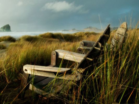 click to free download the wallpaper--Nature Landscape Image, Yellow Wheats and Wooden Chairs by the Peaceful Sea