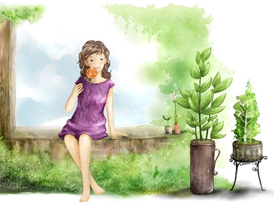 click to free download the wallpaper--Nature Landscape Image, a Lollipop Girl Among Green Plants, Comfortable Life