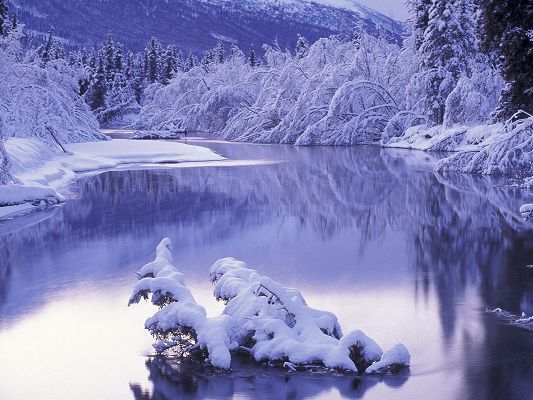 click to free download the wallpaper--Nature Landscape Images, the Peaceful River, Snow-Covered Trees and Mountains