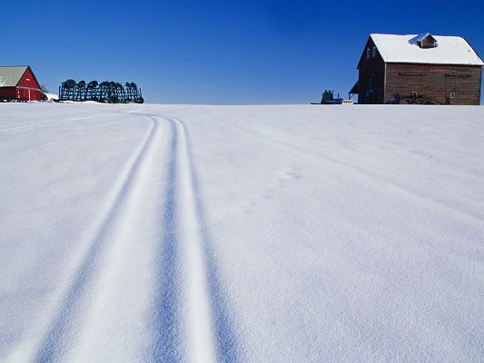 click to free download the wallpaper--Nature Landscape Photo, Snow Marks in Winter, a Small and Comfortable House, Incredible Scene