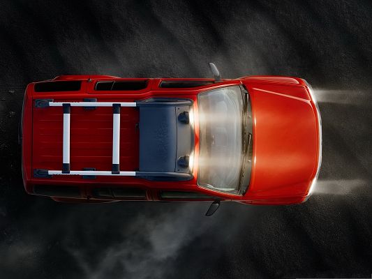 click to free download the wallpaper--Nice Car Pictures, Red Super Car with Lights Turned on, Misty Smoke Around