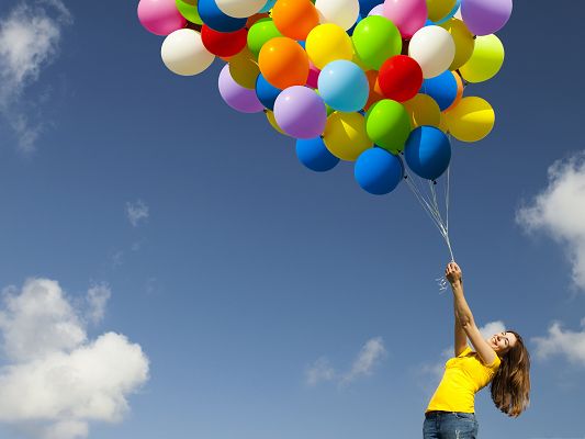 click to free download the wallpaper--Nice Girls Picture, Beautiful Girl in a Bouquet of Balloons, Can They Lift You Up?