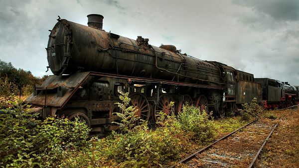 click to free download the wallpaper--Old Train Image - A Worn-Out Train Among the Green Scene, Under the Blue Sky, It is Fine to Go