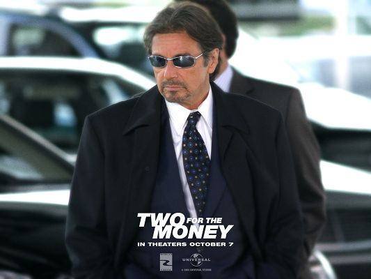 click to free download the wallpaper--Popular Movie Posters, Two For The Money, Man in Suit and Dark Glasses, Impressive Look