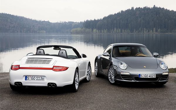 click to free download the wallpaper--Porsche Carrera 4S Cars, Two Super Cars by Lake's Side, Everything is Fine