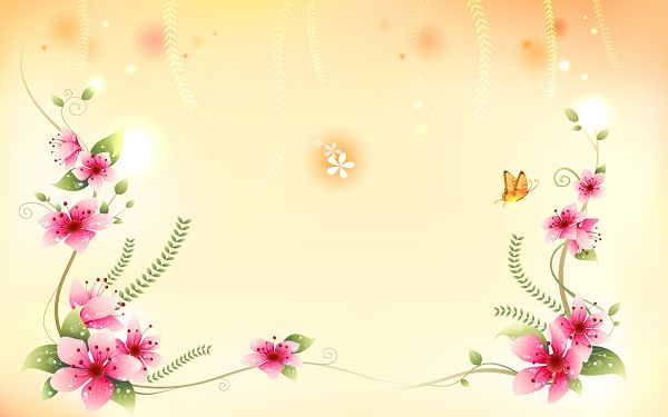 click to free download the wallpaper---Red Flowers in Full Bloom, a Lovely Butterfly is Around, Setting is Light Orange, What a Wonderful World - Cartoon Flowers Wallpaper