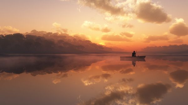 click to free download the wallpaper--Romantic Images of Nature - The Setting Sun, the Pink Sky, a Man on Boat, Fishing, Needs Accompany
