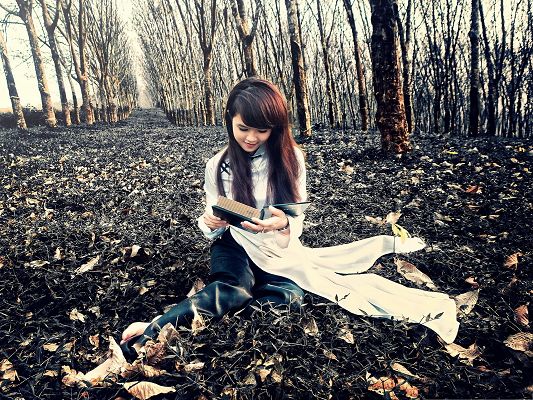 click to free download the wallpaper--School Girl Outdoor, Beautiful Girl Doing Reading, Sitting on Leaves