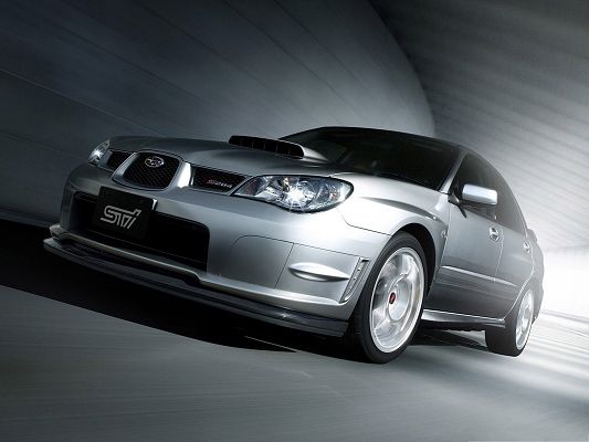 click to free download the wallpaper--Subaru Car as Background, Gray Super Car in Almost Full Speed, Incredible Look