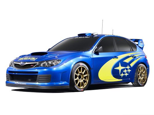 click to free download the wallpaper--Subaru STI Rally Car, Blue Super Car in the Stop, Put Against White Background