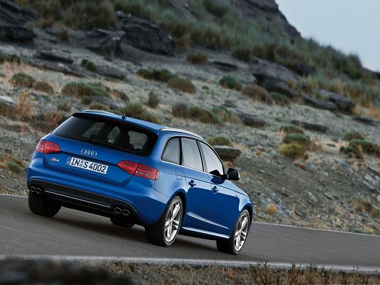 click to free download the wallpaper--Super Cars Picture, Blue Audi S4 Avant Car Running Down a Slope, Great Nature Scene Around