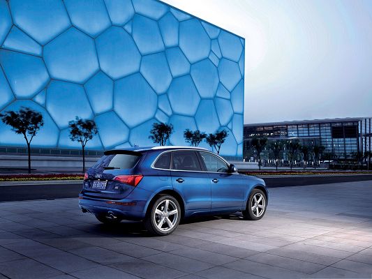 click to free download the wallpaper--Super Cars as Wallpaper, Blue Audi Q5 in the Stop, Next to the Blue Swimming Pool