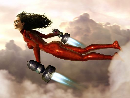 click to free download the wallpaper--Superwoman Wallpaper, Beautiful Lady Flying with Two Little Rockets
