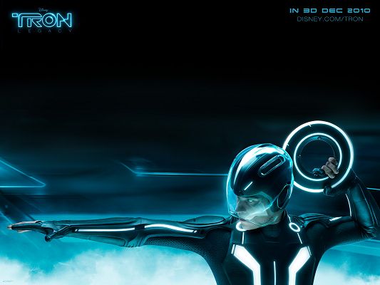 click to free download the wallpaper--TRON Legacy Disney 3D Movie Post in 1600x1200 Pixel, Man Throwing His Lighted Weapon in Full Strength, He is Hard to Believe - TV & Movies Post