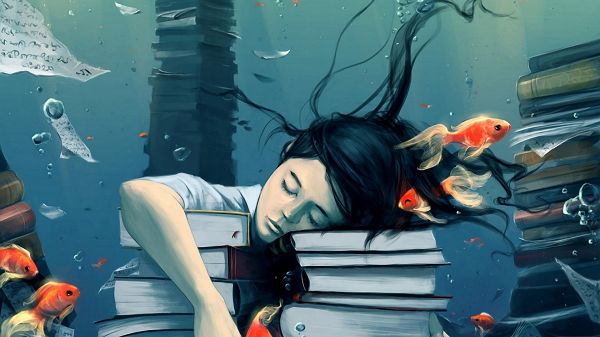 click to free download the wallpaper--The Girl's Dreamy Scene, Too Tired to Read Books, Sleeping Underwater, Fishes Swimming By, What an Unbelieveable World! - HD Creative Wallpaper