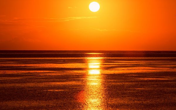 click to free download the wallpaper--The Rising Sun and Sleeping Sea, the Sky and Surface Have Both Been Painted Golden, What a Scene! - HD Natural Scenery Wallpaper