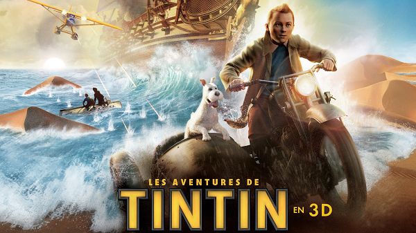 click to free download the wallpaper--Tintin in French in 2560x1440 Pixel and 3D Style, Boy Crossing the Sea in Motorcar, an Amazing Journey - TV & Movies Wallpaper