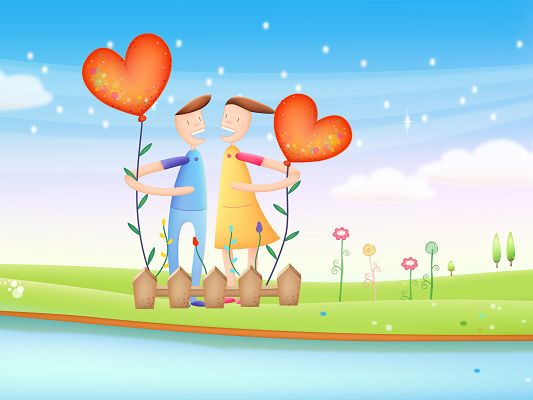 click to free download the wallpaper--Together We Love HD Post in Pixel of 1600x1200, a Girl and Boy Picking Two Red Hearts Up, They Obviously Will End Up Good -TV & Movies Post