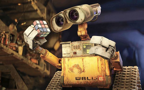 click to free download the wallpaper--WALL E & Rubiks Cube Post in 2560x1600 Pixel, Little Cute Robot Left Alone, Must be Missing Someone, Come on, She Will be Back - TV & Movies Post