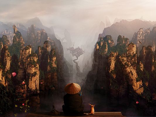 click to free download the wallpaper--Wallpaper Free Computer, Chineses Mountains, Lonely Man in the Sit