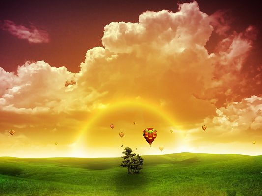 click to free download the wallpaper--Wallpaper Free Computer, Hot Air Balloons Under the Pink Sky, Fairyland Scenery
